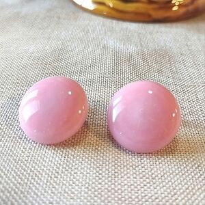 Vintage Jewelry Pink Earrings Clip-On Glass Japan 1" Round Great Condition